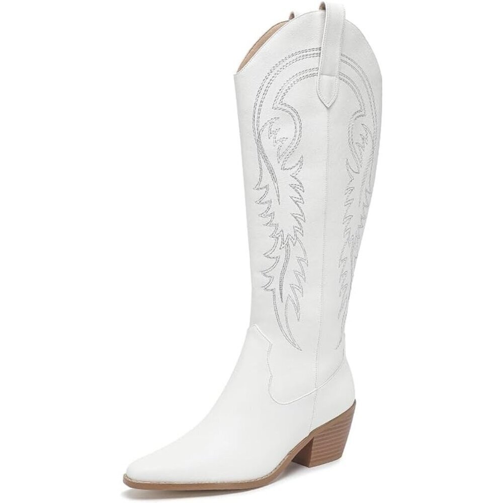 Women White Polyurethane Western Cowboy Boots Pointed Toe Knee High Cowgirl